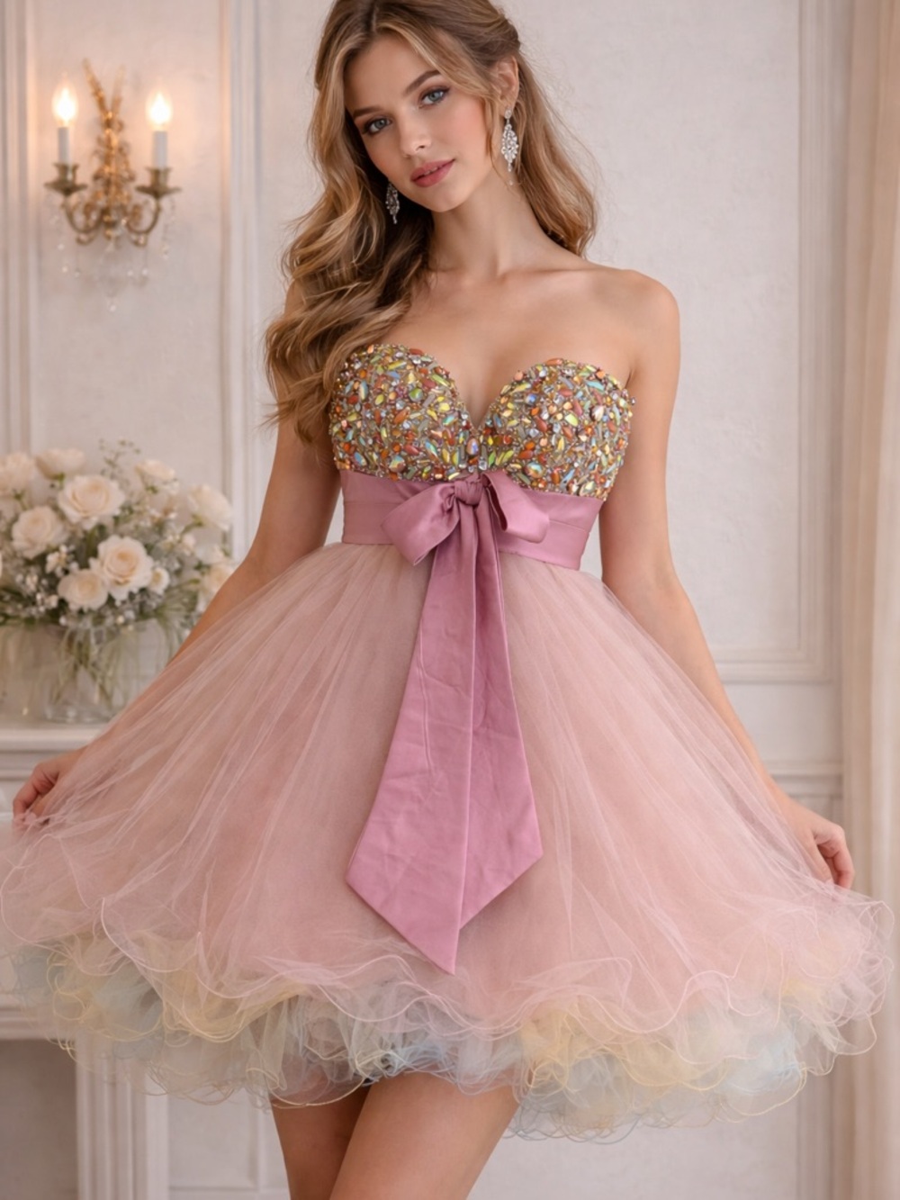 Terani Couture Strapless Beaded Tulle Cocktail Dress Pink Size 0
